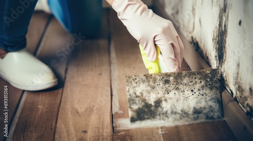 Woman removing of mold in her house with spatula