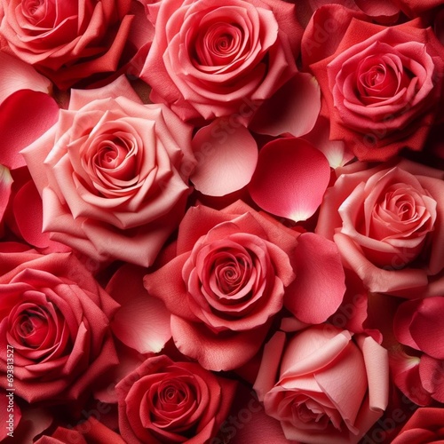 background of pink and red roses with petals  for postcard  invitation banner for Valentine s Day  wedding  March 8