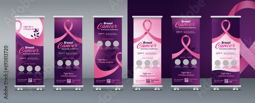 October breast cancer awareness month conference or seminar roll up banner, pull up banner, or x banner print template bundle