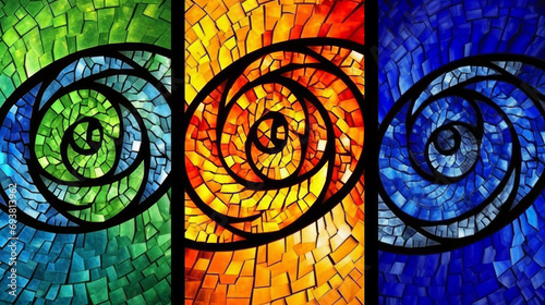 Stained glass window background with colorful whirlpool abstract.  