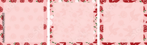 set of st valentines day greeting card templates. collection of instagram stories templates with roses and cupids. beautiful square valentines love frames