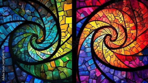 Stained glass window background with colorful whirlpool abstract.  