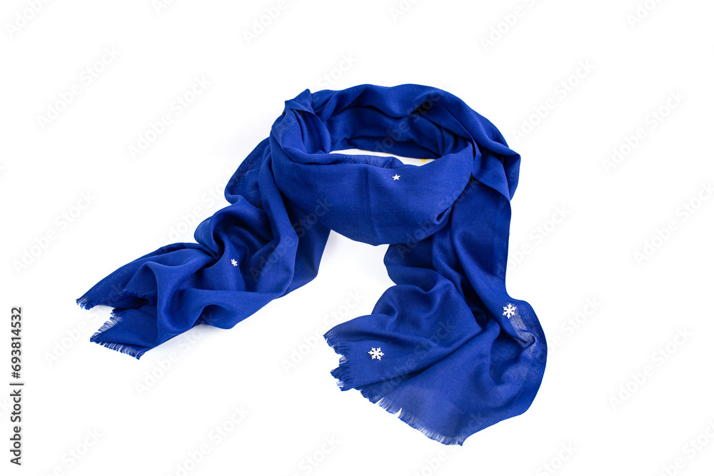 Blue scarf with creases for winter wind protection, isolated on white background, abstract backdrop