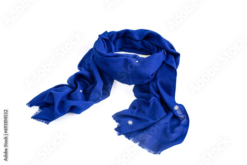 Blue scarf with creases for winter wind protection, isolated on white background, abstract backdrop