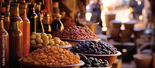 Marrakesh, Morocco's souk has a stall for olives and bottled food. photo