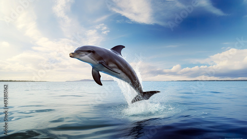 A dolphin jumps out of the sea water. Sea animals concept. AI generated.