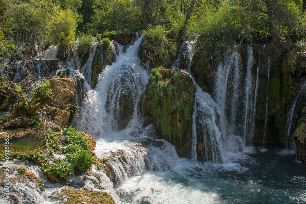 Fototapeta premium Milancev Buk waterfall at Martin Brod in Una-Sana Canton, Federation of Bosnia and Herzegovina. Located within the Una National Park, it is also known as Veliki Buk or Martinbrodski