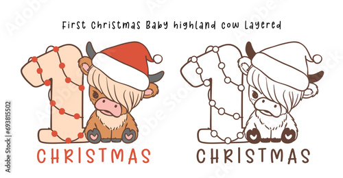 First Christmas baby cow highland cartoon layered hand drawing outline