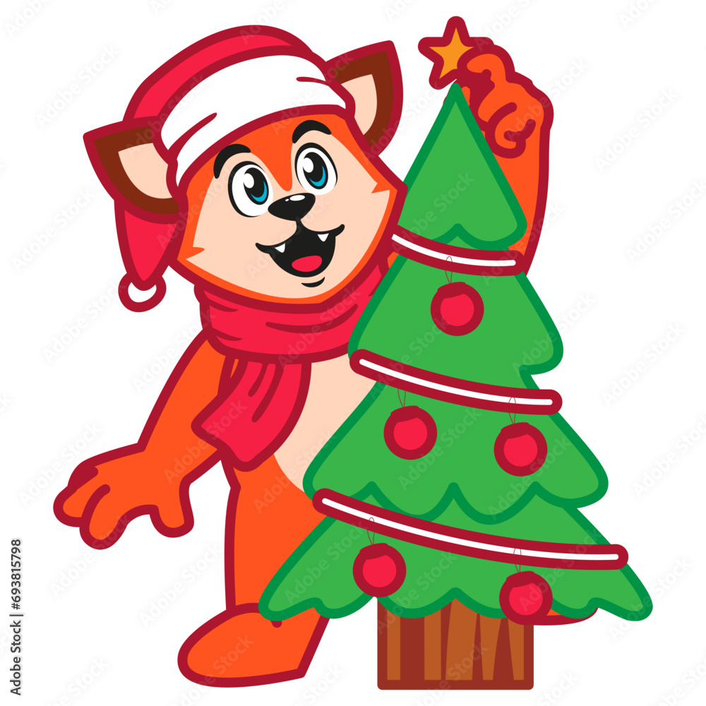 Cute Red Fox Animal Character with Christmas Tree Cute Red Fox Animal Character with Christmas Tree