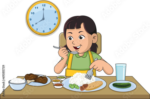 Girl eating vegetables, curd and salad in her dinner vector illustration