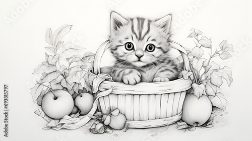 coloring page for children black and white kitten sitting in a basket