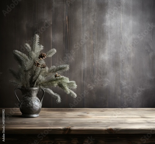 Christmas still life with fir branches and pine cones in a vase on a wooden table. Generative AI.