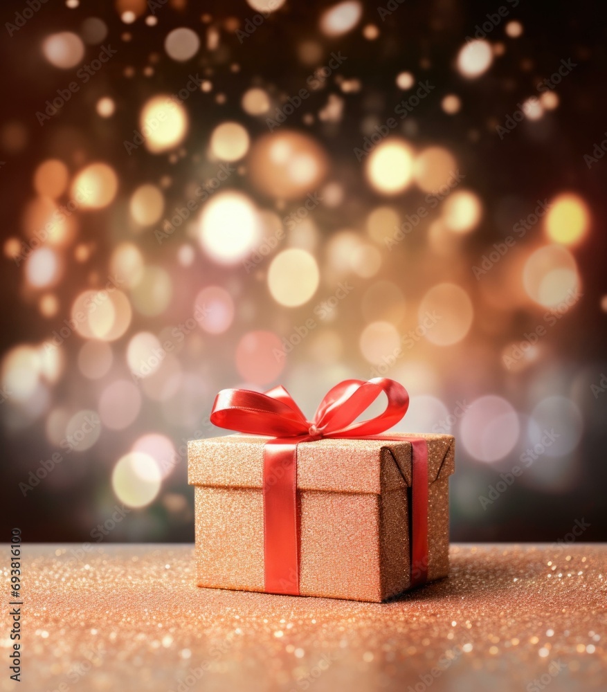 Gift box with red ribbon on blurred background stock photo. Generative AI. Gift box with red ribbon on blurred background stock photo. Generative AI.