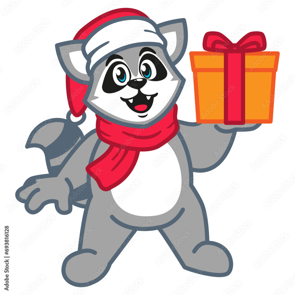 Cartoon raccoon in a red scarf and a santa hat with christmas gifts Cartoon raccoon in a red scarf and a santa hat with christmas gifts