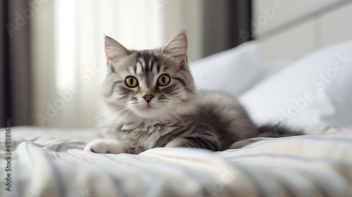 Cute cat is lying on the bed
