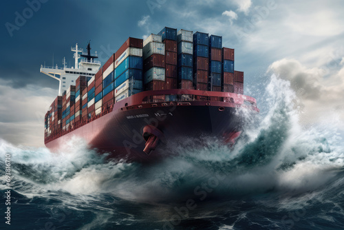 Container Cargo freight ship in the storm sea Ai generator