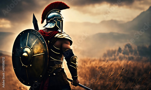 Spartan warrior ready to fight. Roman male legionary (legionaries) wear helmet with crest, spear , sword, heavy infantryman,  soldier of the army of the Roman Empire on Rome background. Generative ai photo
