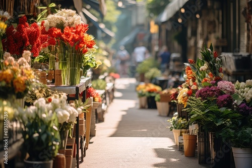 Narrow Thai market. Bouquets in baskets stand in front of building. Street Flower shops in European style. A beautiful spring floral picture on blurred background with copy space.