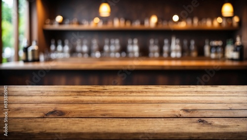 Blurred Bar Counter on Empty Wooden Table Background, Wooden Table