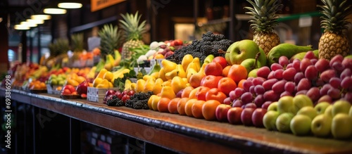 Colorful fruits stand at Pike Place Market.