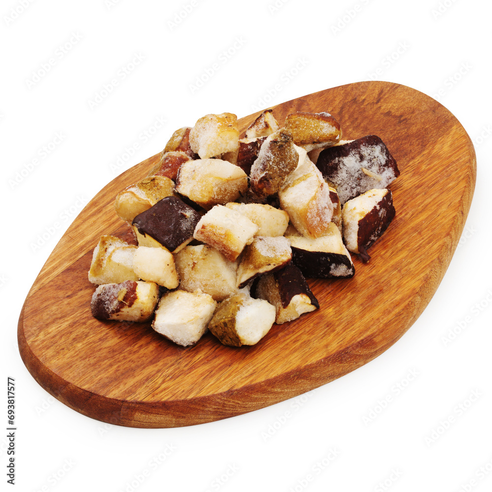 Fototapeta premium Mix frozen mushrooms, on a wooden board on a white background, isolated