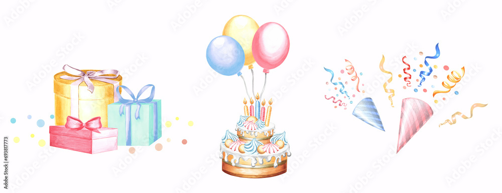 Watercolor set for holiday with cake. Template illustration of Happy birthday. Isolated balloons and exploding party poppers with confetti, colorful gift boxes. Clipart for card, invitation, sticker