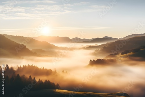 Early morning in mountains. Beautiful sunrise above the clouds. Morning sky AI generative