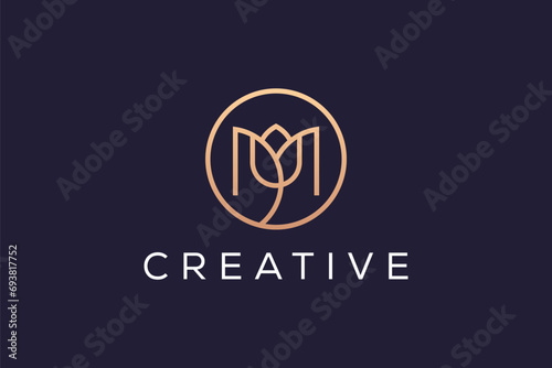 Letter M Lotus Flower  circle Logo Design Vector