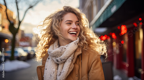 Young blonde woman smiling and laughing in the city on the street Christmas winter season, Young white woman on her 30 blonde wavy hair in the coat with scarf photo