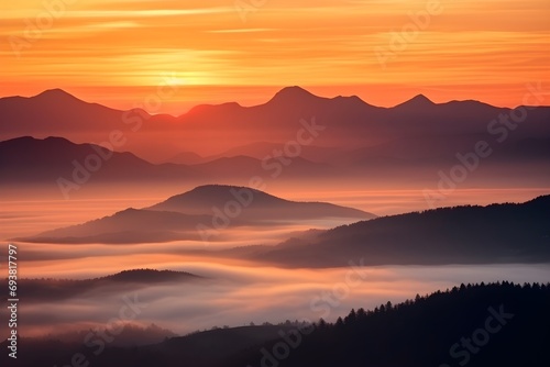 Early morning in mountains. Beautiful sunrise above the clouds. Morning sky AI generative