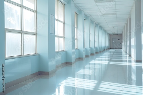 Modern empty interior. Bright and clean business hallway with urban design glass windows and blurred perspectives offering welcoming and open space for various purposes