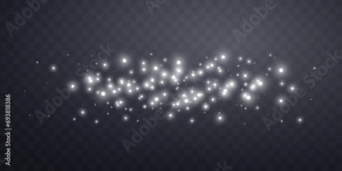 Silver magic sparks and dust stars. Silver glow flare light effect. Christmas light effect. Vector particles on transparent background.