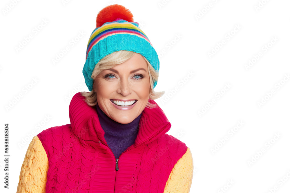 portrait photography of a beautiful blond woman wearing bright colored puffer jacket and knitted hat, isolated on white background
