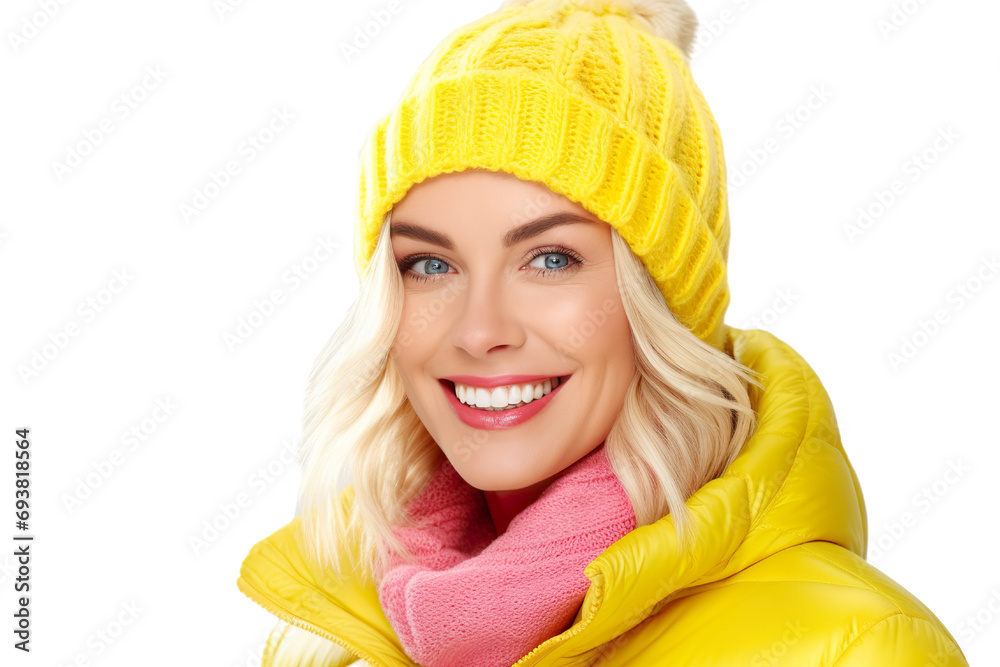 portrait photography of a beautiful blond woman wearing bright colored puffer jacket and knitted hat, isolated on white background portrait photography of a beautiful blond woman wearing bright colored puffer jacket and knitted hat, isolated on white background