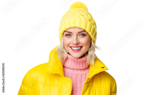 portrait photography of a beautiful blond woman wearing bright colored puffer jacket and knitted hat, isolated on white background © JetHuynh