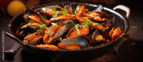 Mussels in tomato sauce cooked in a stainless steel pan.