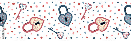 Valentines day locks and heart shape lock vector seamless border. Romantic background. Isolated on white background