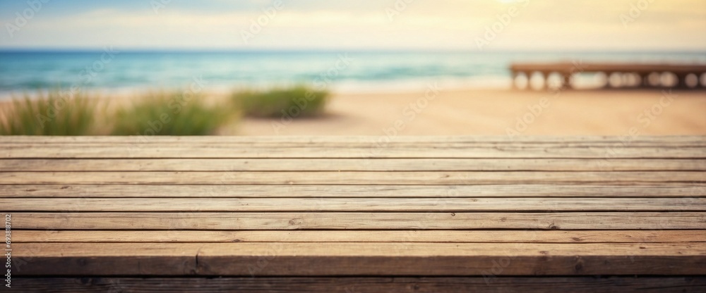 Blurred Seashore Bench on Empty Wooden Table Background, Wooden Table
