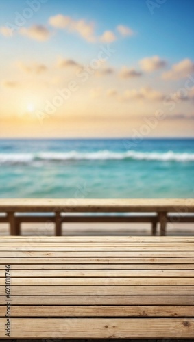 Blurred Seashore Bench on Empty Wooden Table Background, Wooden Table © varol