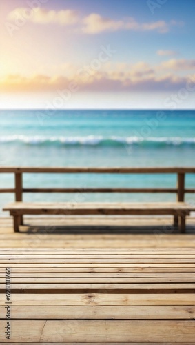 Blurred Seashore Bench on Empty Wooden Table Background, Wooden Table © varol