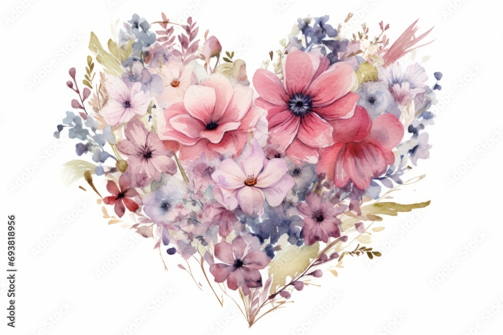 Watercolor illustration of a heart-shaped composition from various flowers on a white background. AI generative Watercolor illustration of a heart-shaped composition from various flowers on a white background. AI generative