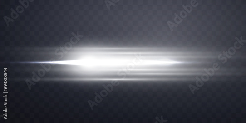Silver horizontal lensflare. Light flash with rays or spotlight and bokeh. Silver glow flare light effect. Vector illustration. Isolated on dark transparent background.