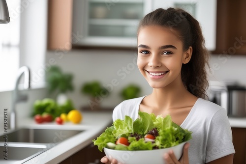 smiling woman holding a bowl of salad
