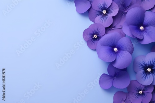 Frame made of beautiful violet and purple pansy flowers on light gray background with copy space. Floral spring backdrop. Border for design greeting card or banner for wedding, mother or woman day