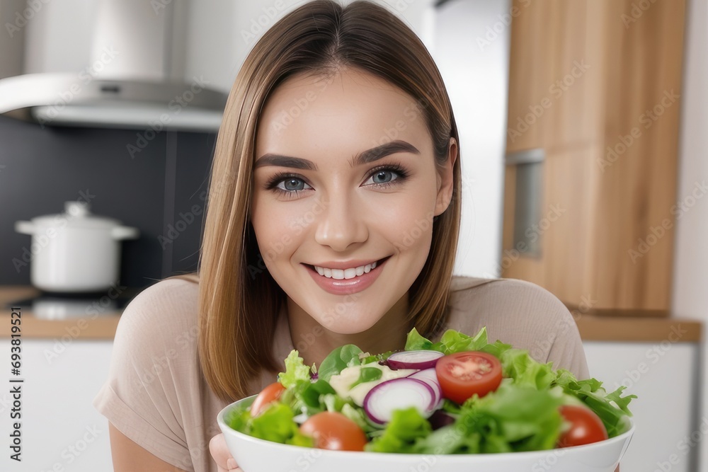smiling woman holding a bowl of salad