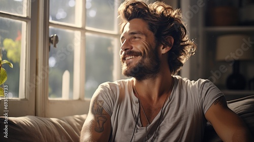 Joyful man with tattoos sitting by the window, sun streaming in, a moment of happiness and contentment captured in a cozy, sunlit room. photo