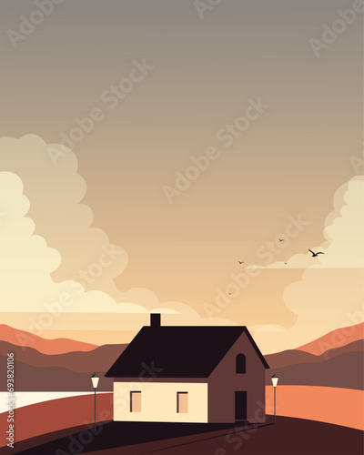 Wallpaper background, forest, house, mountains, vertical banner, poster © Kristina Bilous