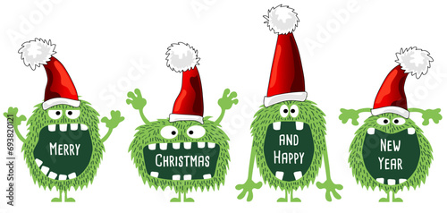 Monster Christmas cartoon, group of funny hairy green Christmas monsters with big mouth and canines, with Santa hat and with text - Merry Christmas and a Happy New Year