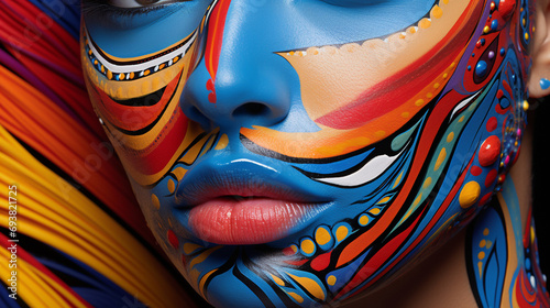 An artistic portrayal of a woman's face adorned with vibrant, abstract makeup, creating a striking visual composition that celebrates individuality. photo