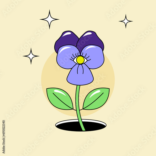 Groovy flower cartoon characters. Funny happy pansy with eye. Vector illustration in  trendy retro trippy style. Isolated vector illustration. Hippie 60s, 70s style.